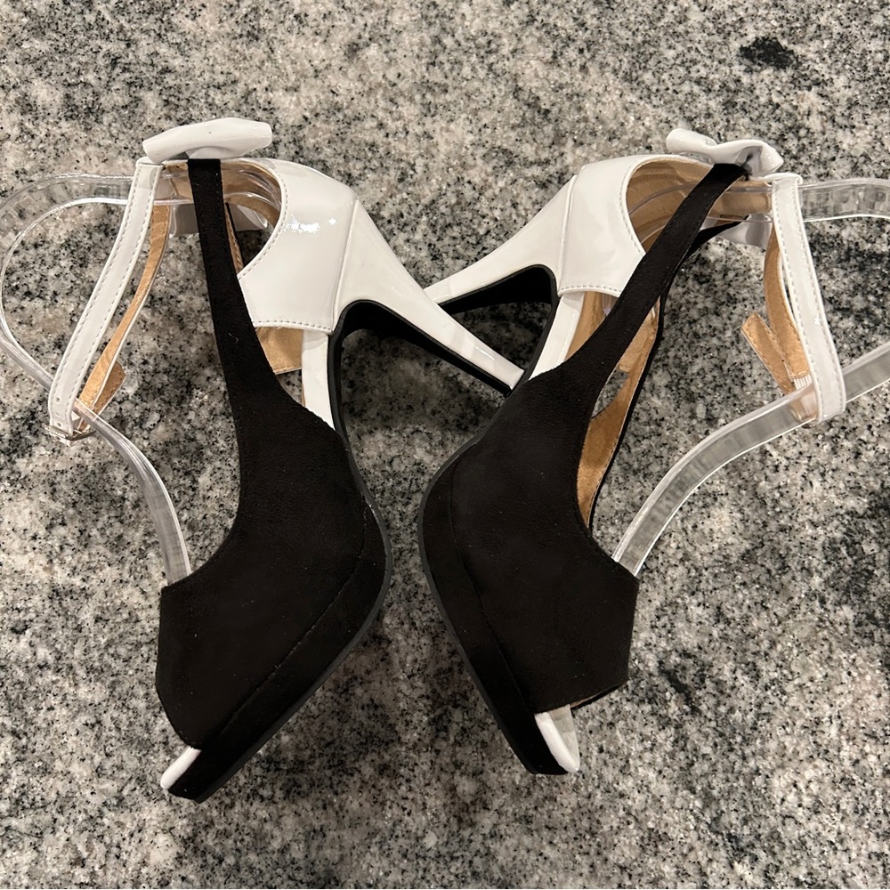 8 Get More Beauty Black and White Stiletto Peep Toe Pumps - Picture 3 of 9